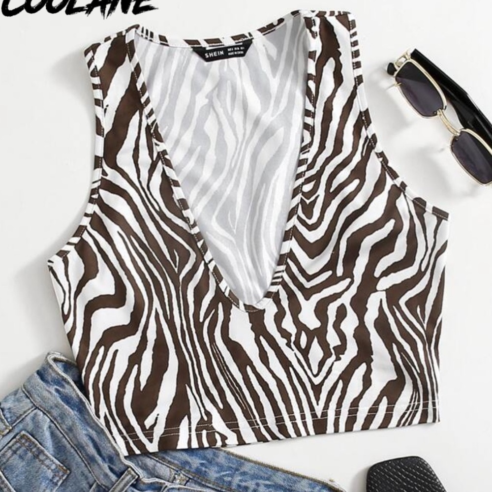 Zebra Print V-Neck Crop Top - Brown and White